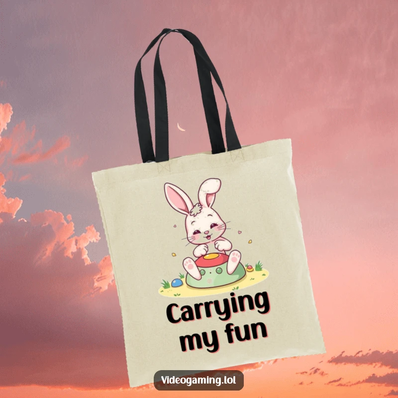 Funny Bouncing Bunny Tote Bag, energetically playing a colorful game, a vibrant and humorous accessory for daily use.