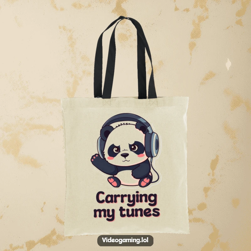 Funny tote bag featuring a determined panda wearing large headphones, designed for carrying items with a focus on sound.