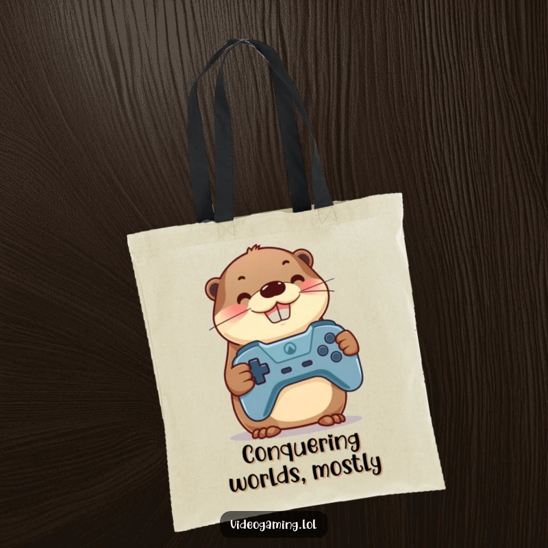Funny Otter Tote Bag: A proud otter smiles with a game controller, ready to conquer any task.