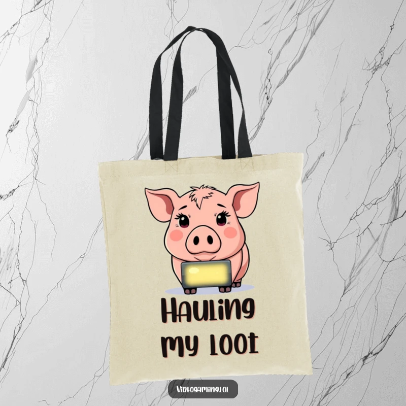 Funny Determined Pig Tote Bag, staring intently at a glowing screen, a humorous and practical accessory for gamers.