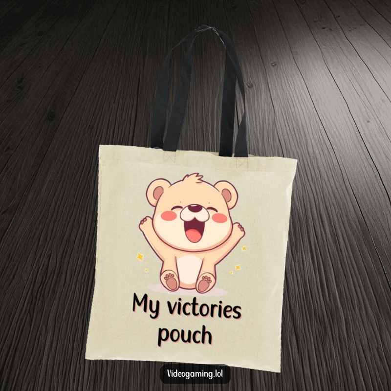 Funny tote bag with a gleeful bear cub laughing hysterically at a pixelated character’s winning moment.