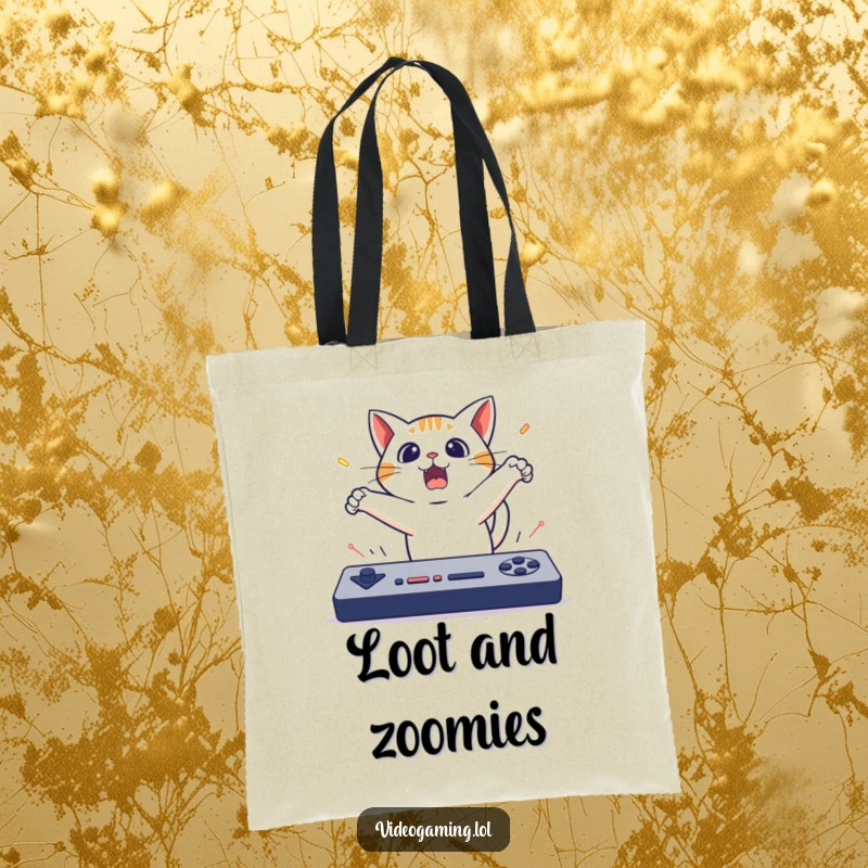 Funny Cat Gaming Tote Bag: A surprised cat leaps backward from a fast game, making it a fun and functional accessory.