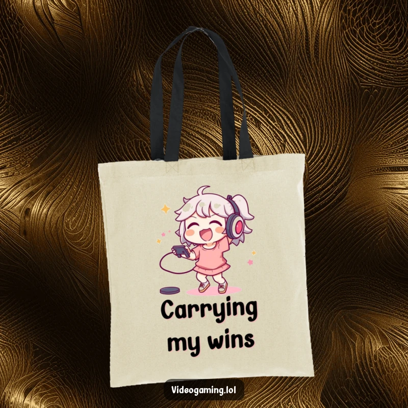 Funny tote bag with a joyful character doing an energetic dance move while holding a video game controller.