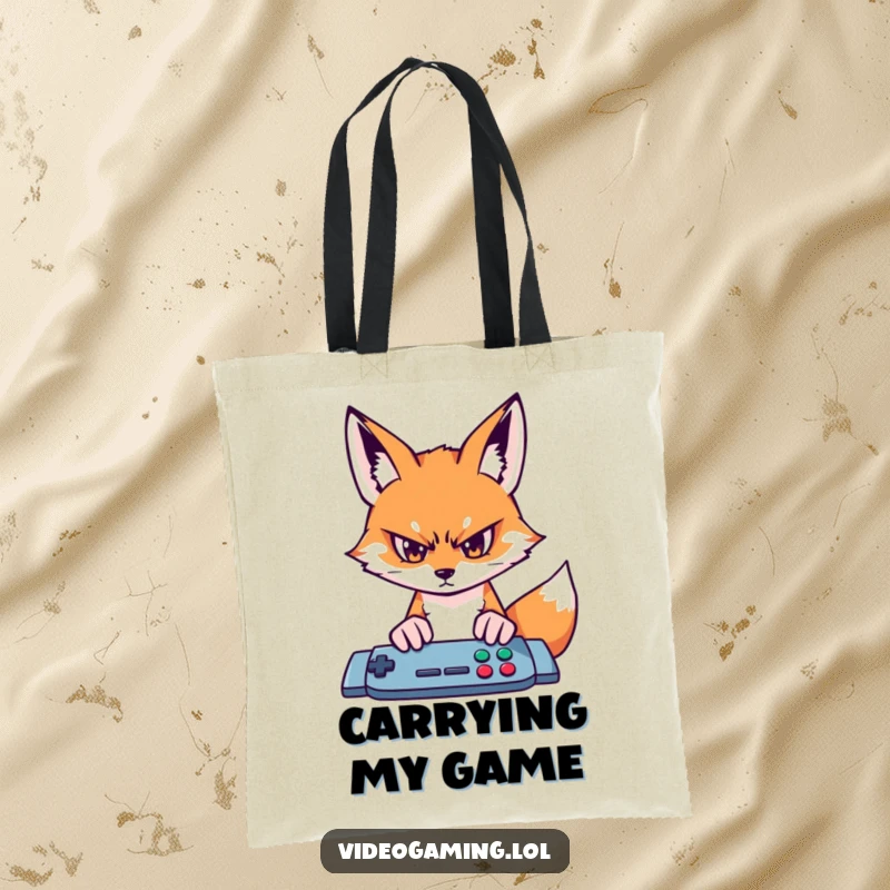 Funny fox gamer tote bag, depicting intense concentration on a video game screen, a gamer accessory.