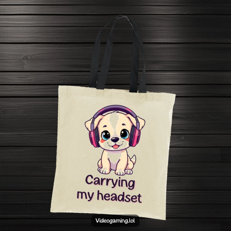 Funny Tote Bag: A playful puppy wearing large gaming headphones, perfect for carrying gamer gear or daily items.