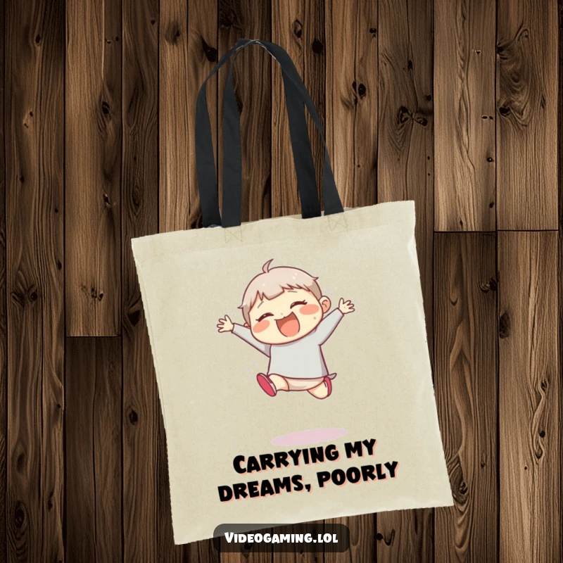 Funny tote bag illustrating a giggling character in the midst of a massive, off-balance, clumsy jump, full of mirth.
