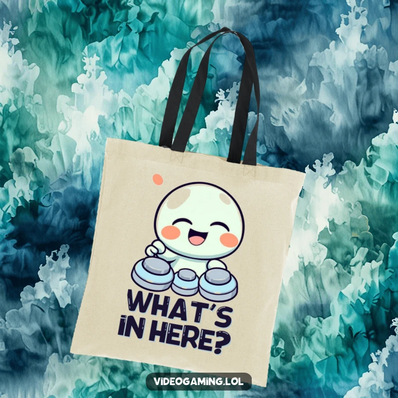 Funny tote bag with a giggling character laughing heartily while mashing game buttons with delight.
