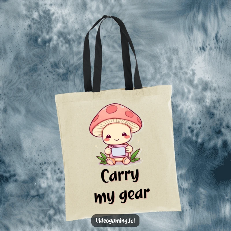 Funny Mushroom Gamer Tote Bag: A cheerful mushroom engrossed in a handheld game, symbolizing portable fun.