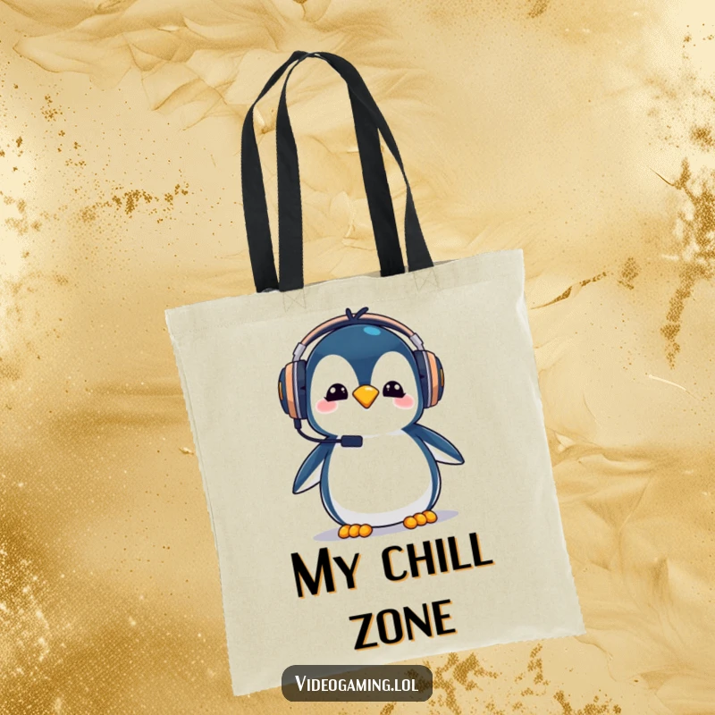 Funny penguin gamer tote bag, wearing oversized gaming headphones and looking goofy, a humorous accessory.