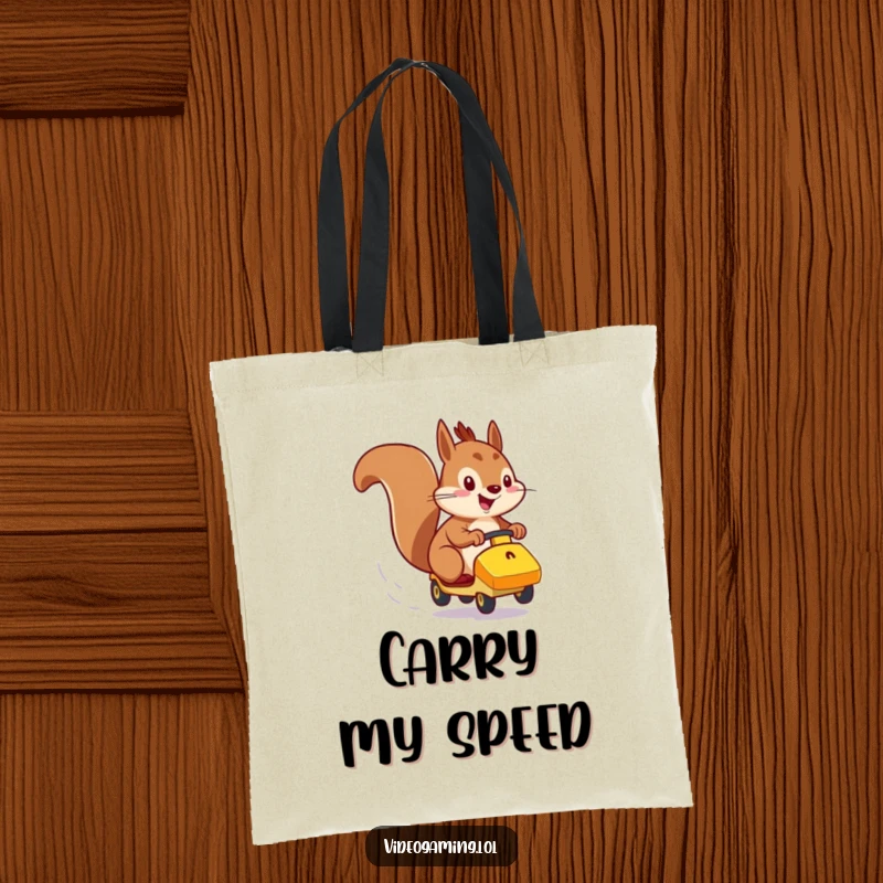 Funny tote bag illustration of an energetic squirrel speeding in a small vehicle across a screen.