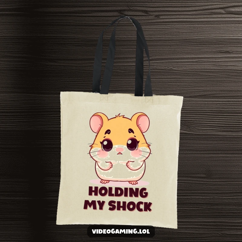 Funny tote bag illustration of a hamster with huge, surprised eyes, staring intensely at a screen.