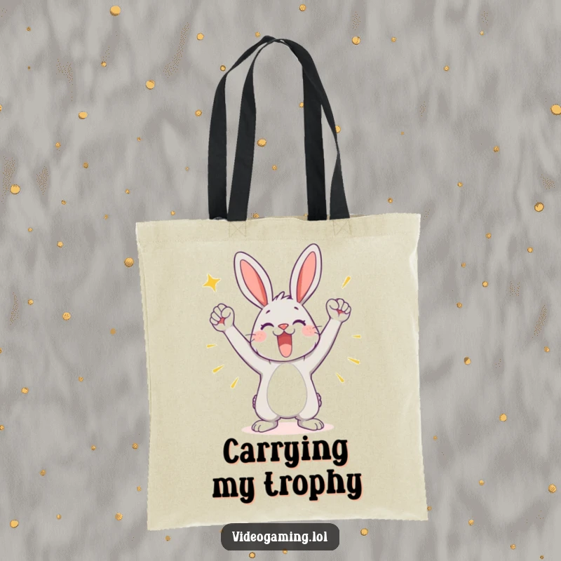 Funny tote bag featuring a playful bunny in a triumphant pose, celebrating a victory with proud and happy energy.