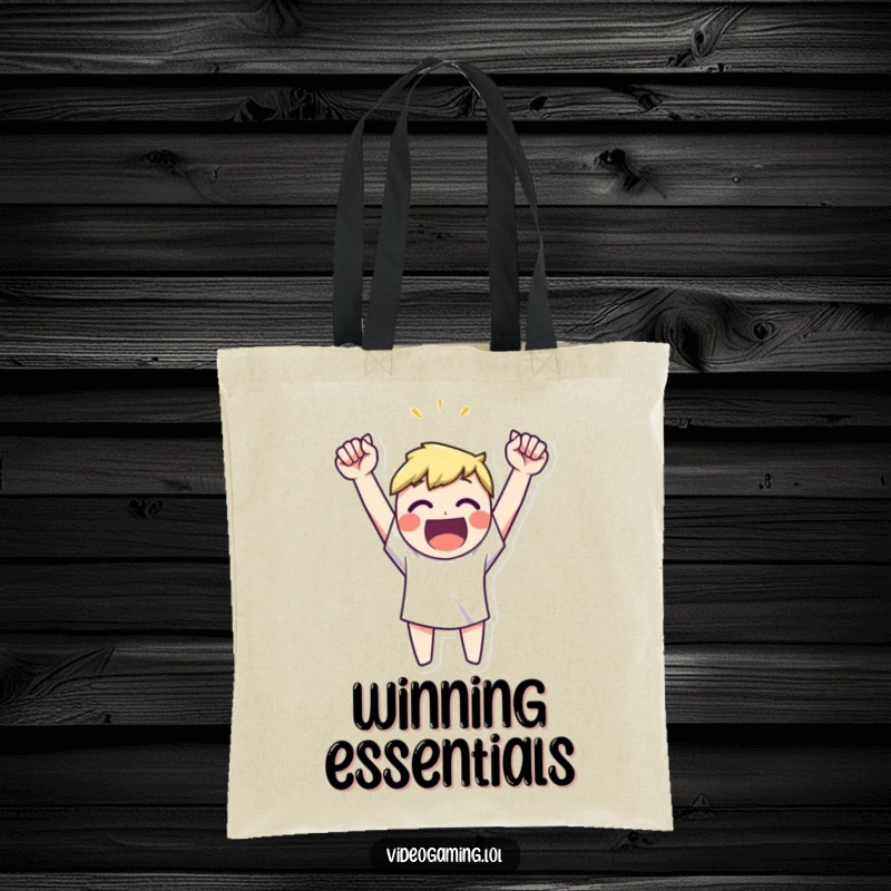 Funny happy character celebrating a victory with arms raised high on a humorous tote bag.