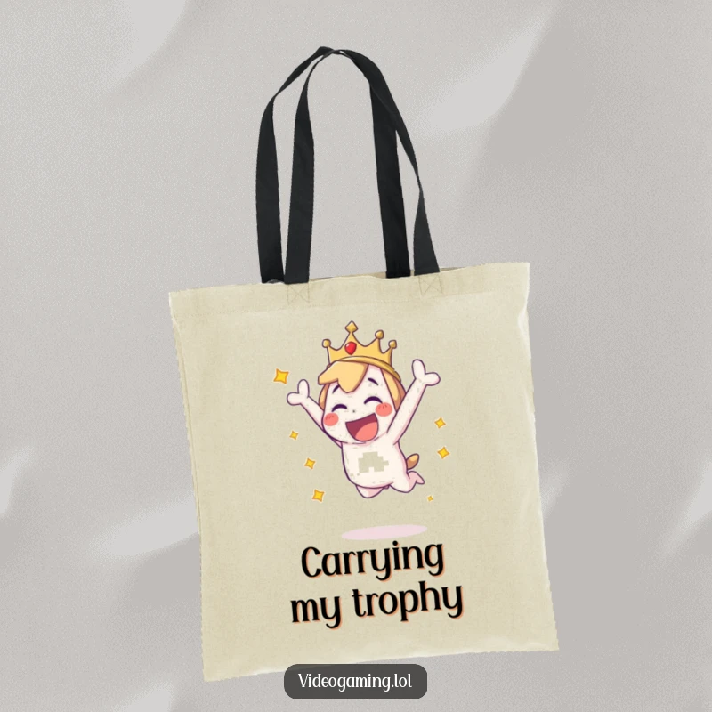 Funny tote bag showcasing a playful character captured mid-leap, radiating excitement and the thrill of a victorious moment.
