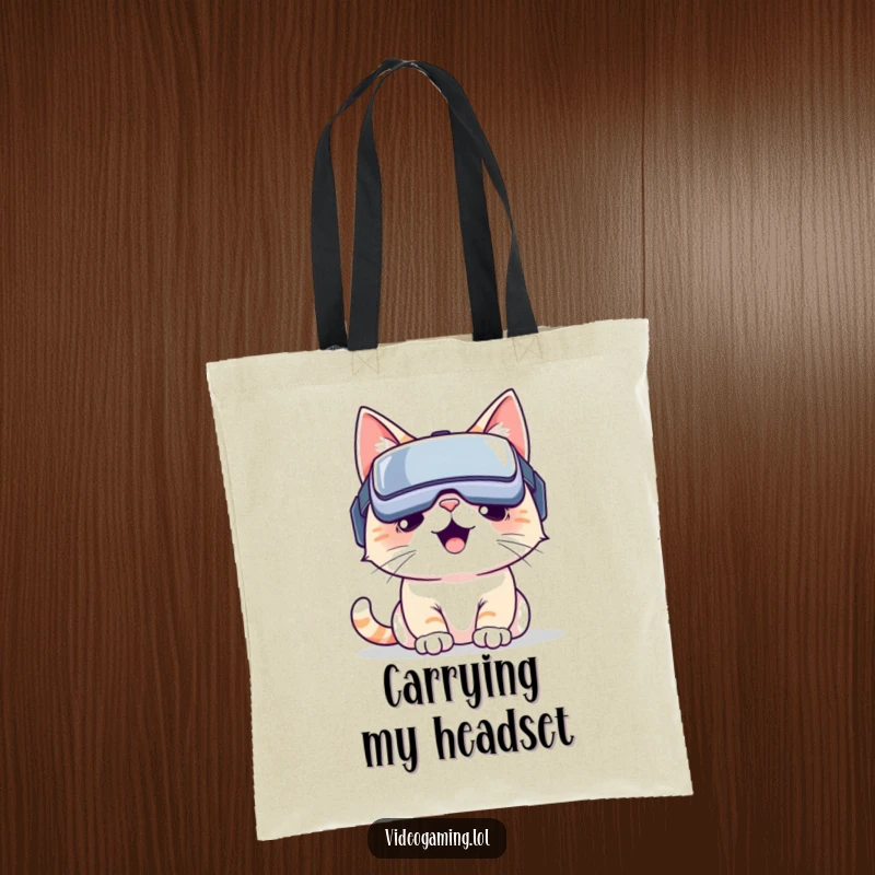 Funny VR cat tote bag: A cheerful cat wearing a VR headset, exploring an imagined digital dimension. Fantastic funny gift.