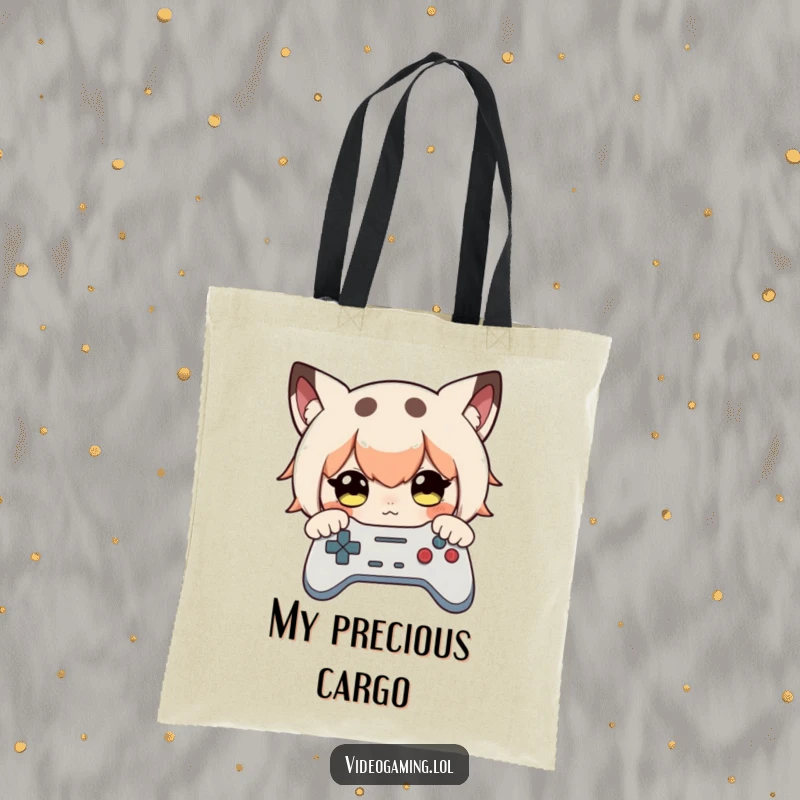 Funny tote bag with a curious character intensely examining a video game controller, ready for action.